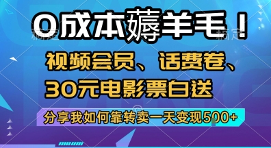 0成本薅羊毛!视频会员、话费卷、30元电影票白送,分享我如何靠转卖一天变现5张+【揭秘】-木鱼网创