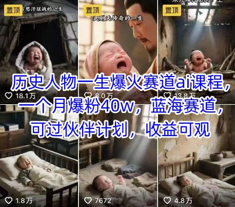 历史人物一生爆火赛道ai课程,一个月爆粉40w,蓝海赛道,可过伙伴计划,收益可观-木鱼网创