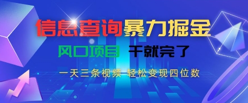 信息查询暴力掘金,一天三条视频,轻松变现四位数,风口项目干就完了【揭秘】-木鱼网创